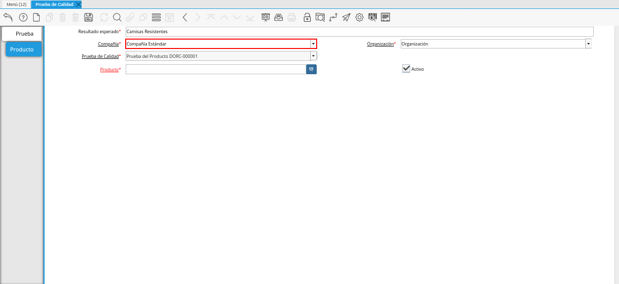Campo Compañía de la Pestaña Producto de la Ventana Prueba de Calidad