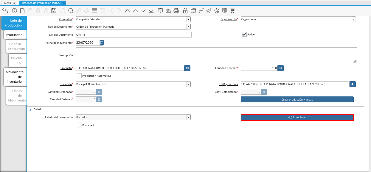 Opción Completar de la Pestaña Lote de Producción de la Ventana Órdenes de Producción Planeadas