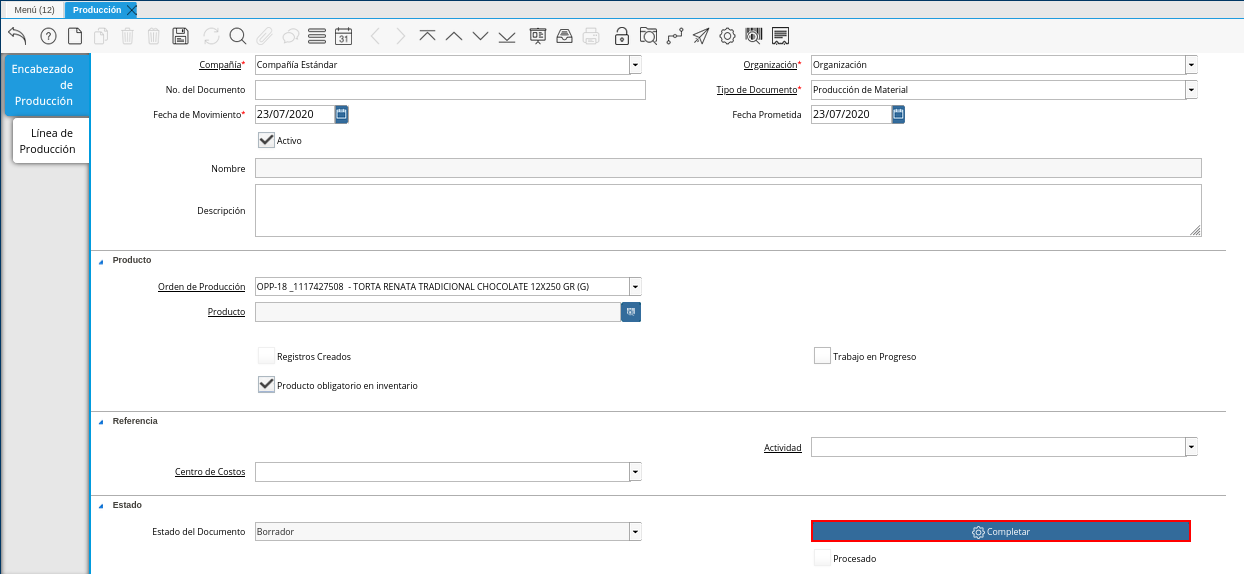 Opción Completar de la Pestaña Encabezado de Producción de la Ventana Producción