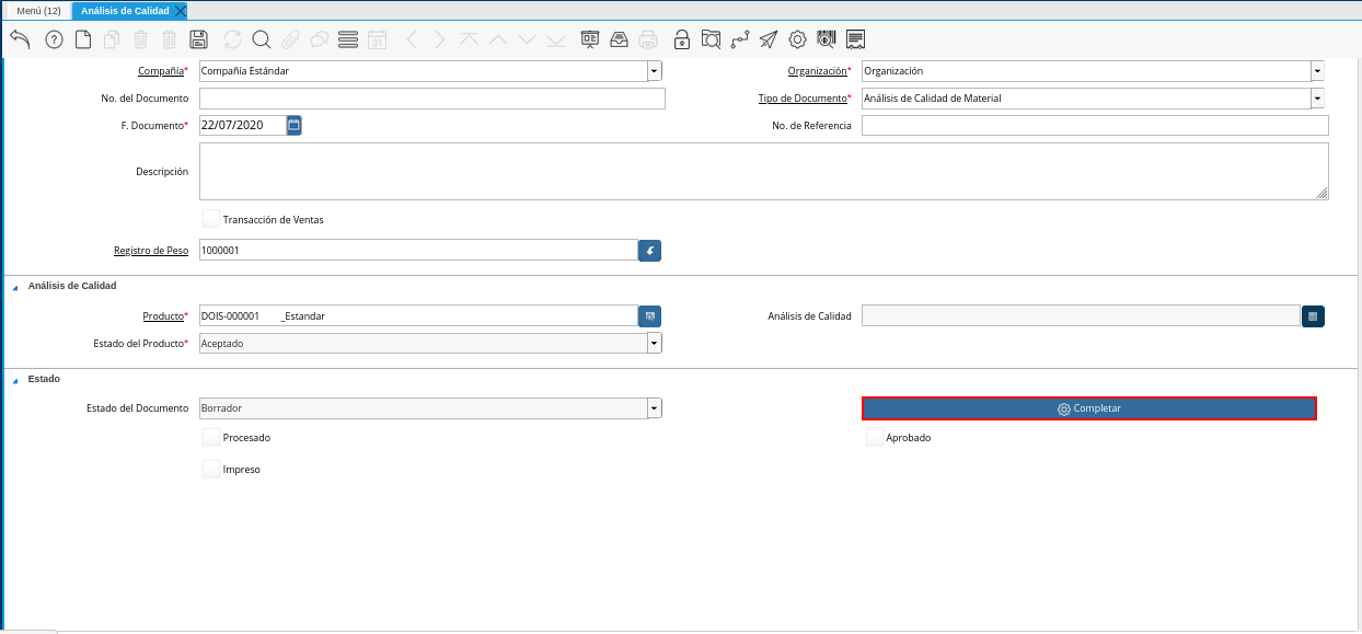 Opción Completar de la Ventana Análisis de Calidad
