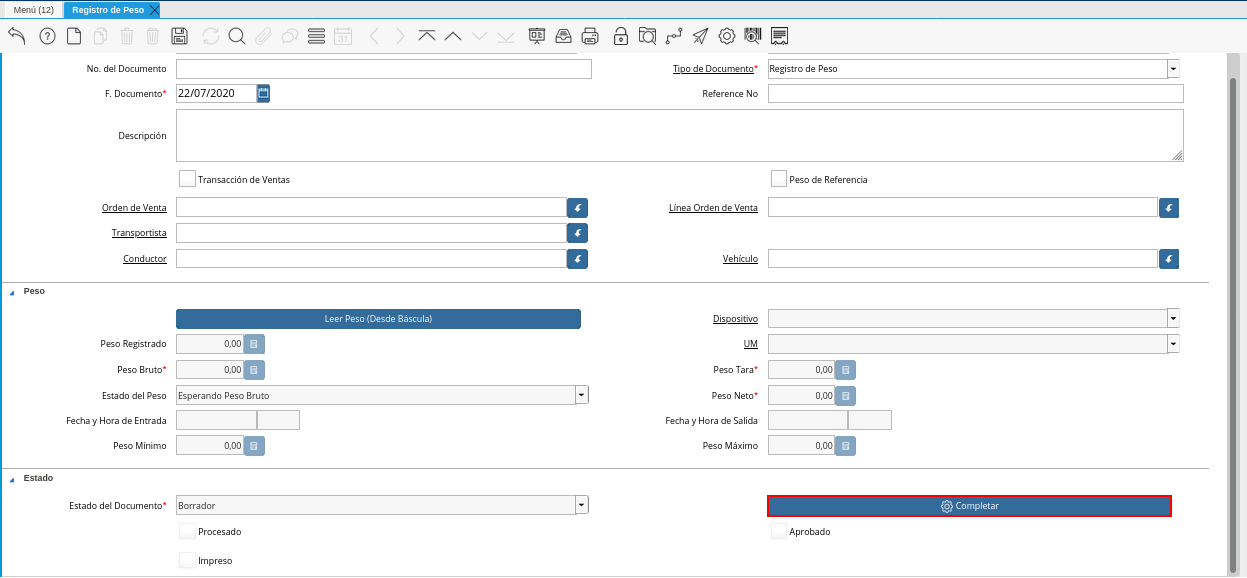 Opción Completar de la Ventana Registro de Peso