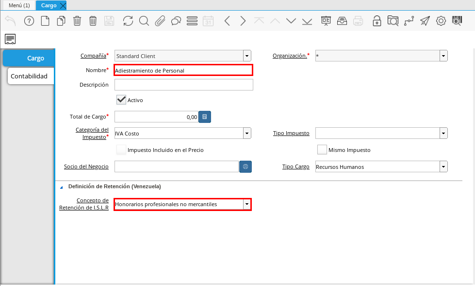Campo Concepto de Retención de ISLR en Ventana Cargo