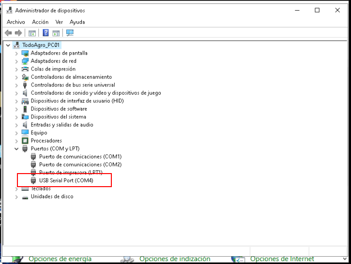 Ventana Administrador de Dispositivos Puerto COM