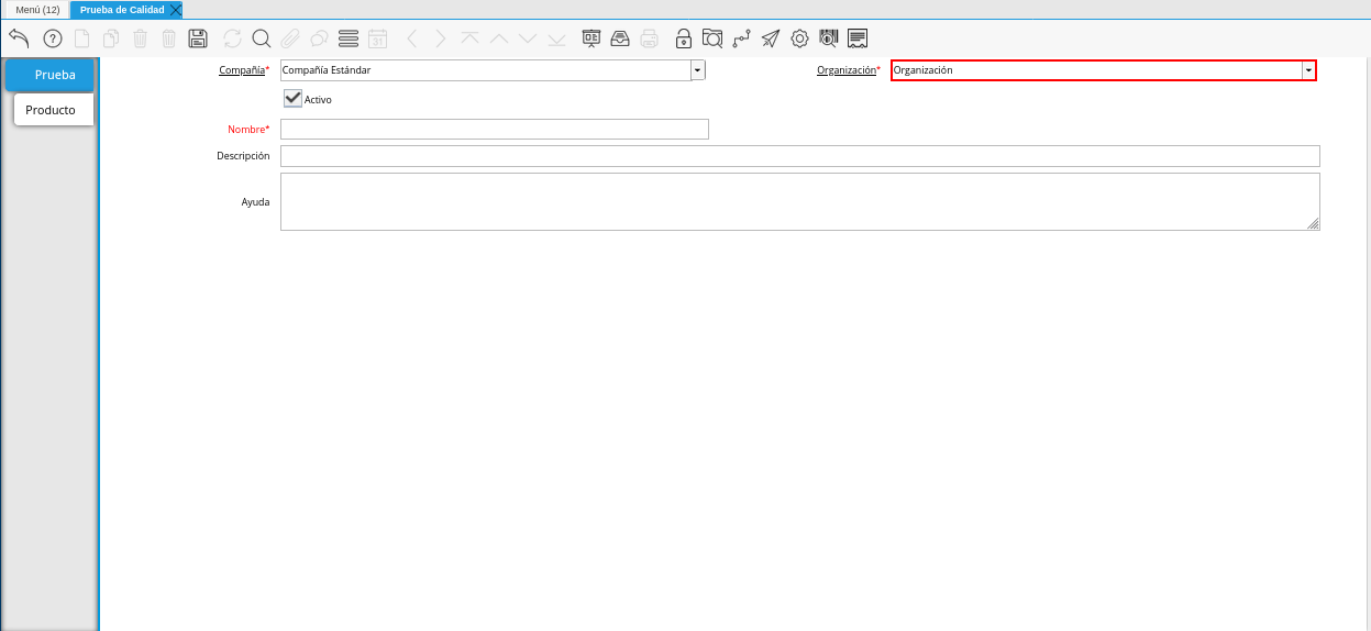 Campo Organización de la Ventana Prueba de Calidad