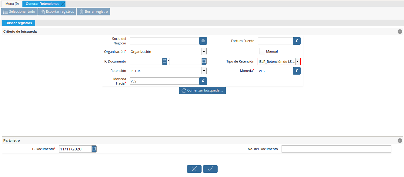 filtrar por tipo de retención