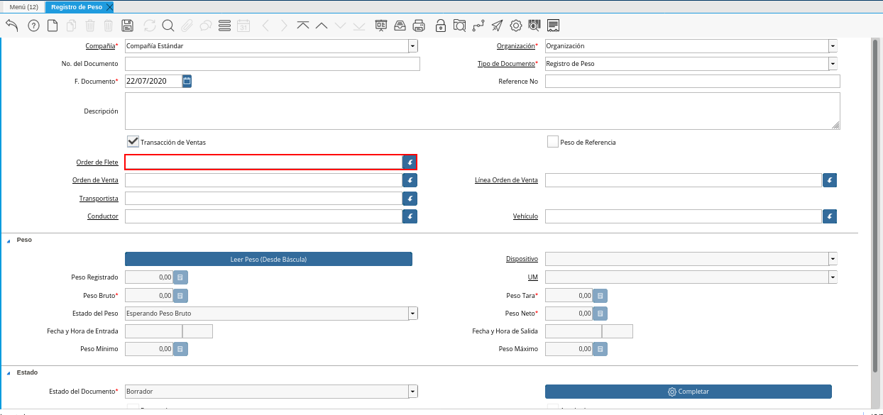 Campo Orden de Flete de la Ventana Registro de Peso