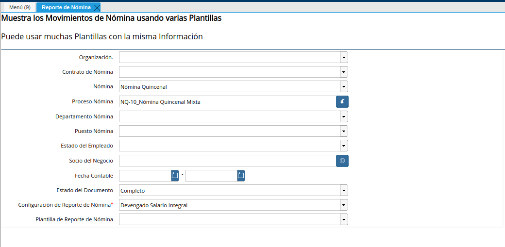 Parámetros para generar el reporte