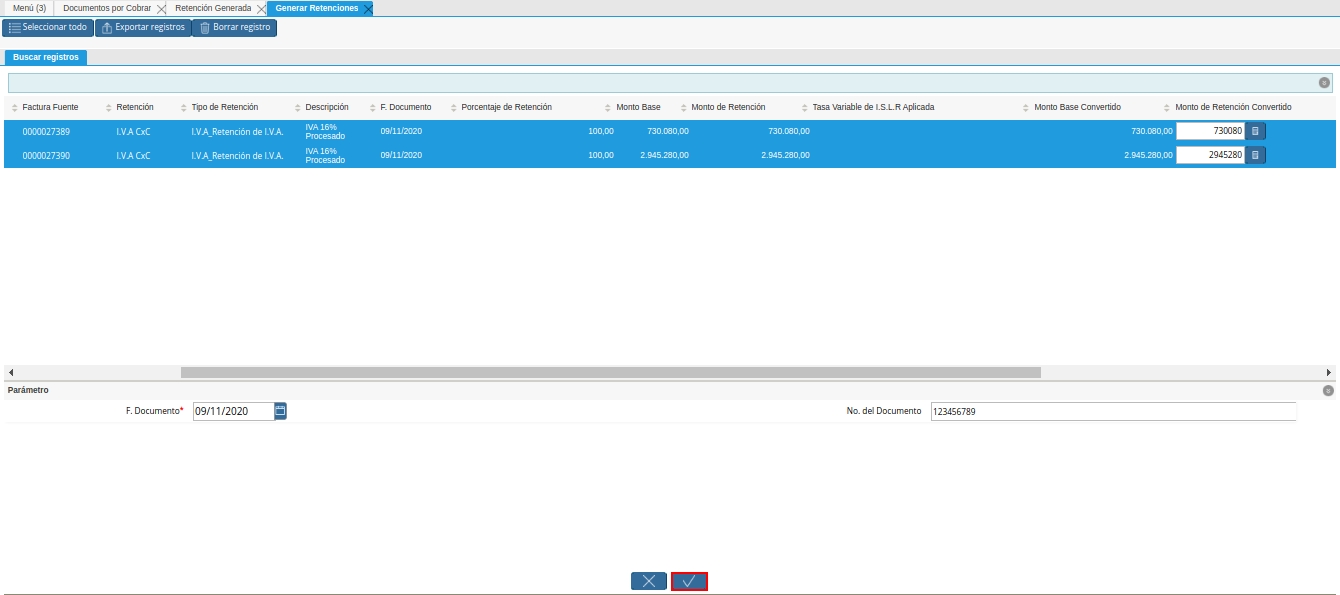 opción ok de la ventana generar retenciones