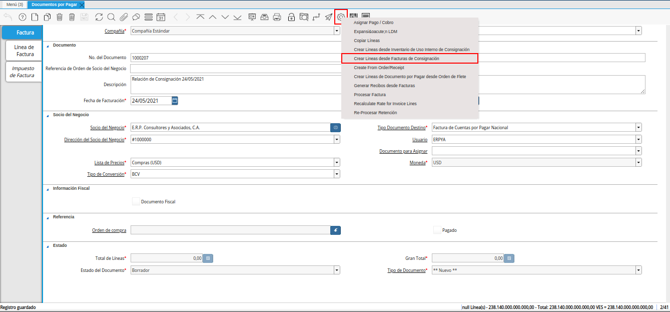 opción crear líneas desde facturas de consignación
