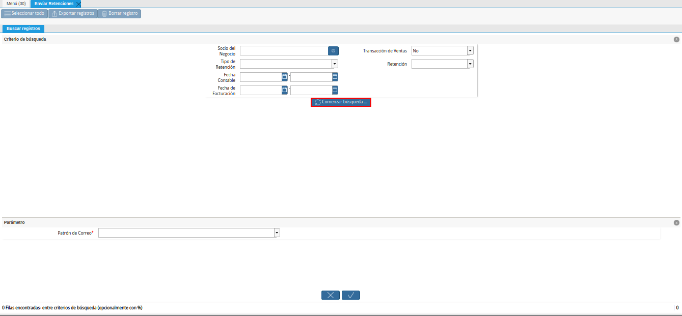 opción comenzar búsqueda de la ventana enviar retenciones