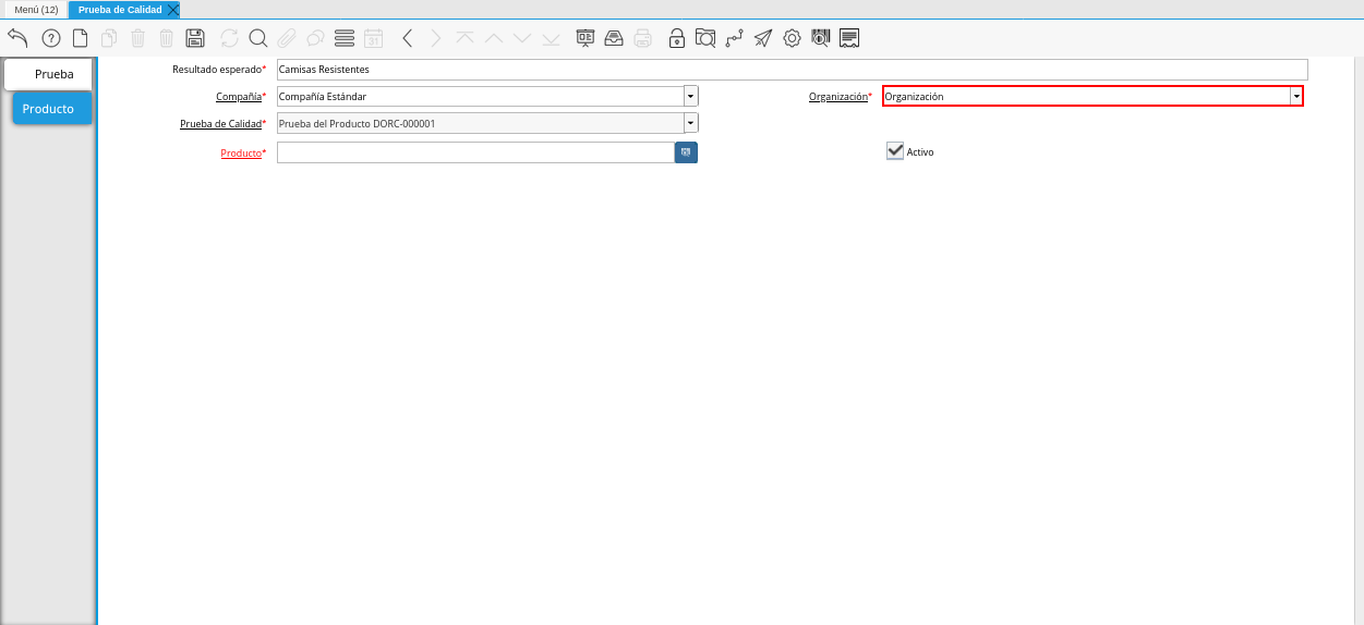 Campo Organización de la Pestaña Producto de la Ventana Prueba de Calidad