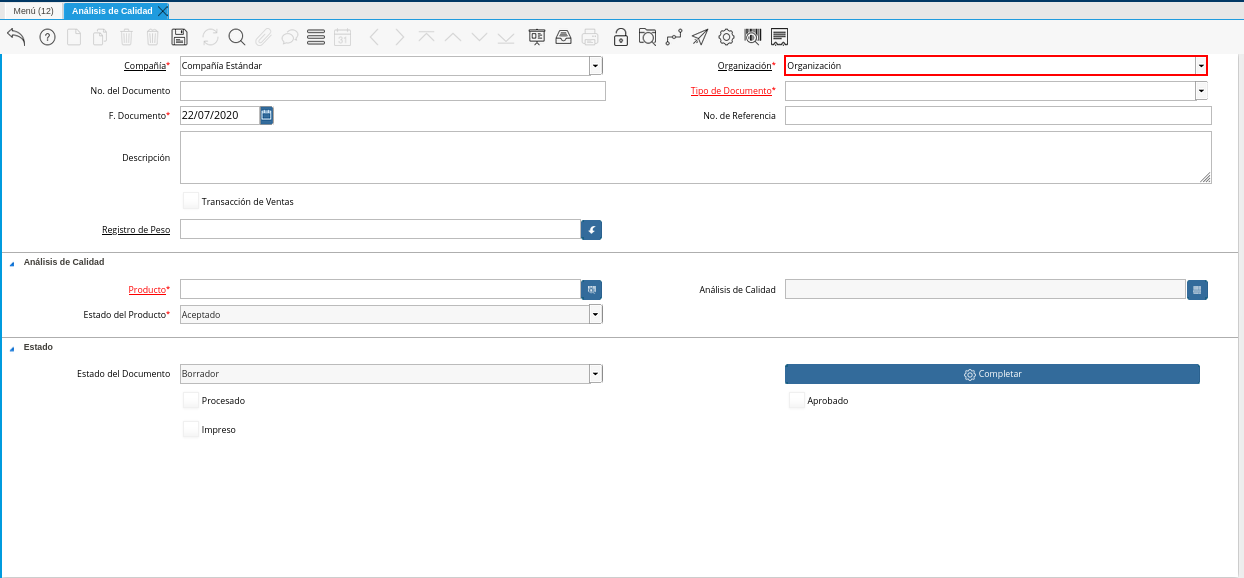 Campo Organización de la Ventana Análisis de Calidad