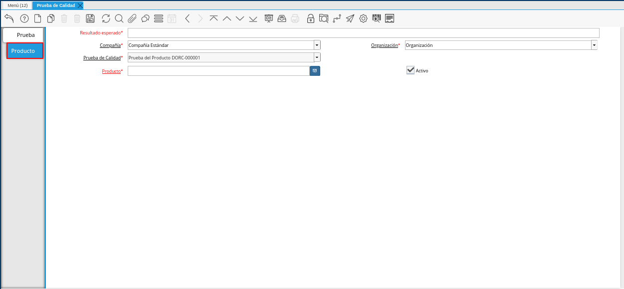 Pestaña Producto de la Ventana Prueba de Calidad