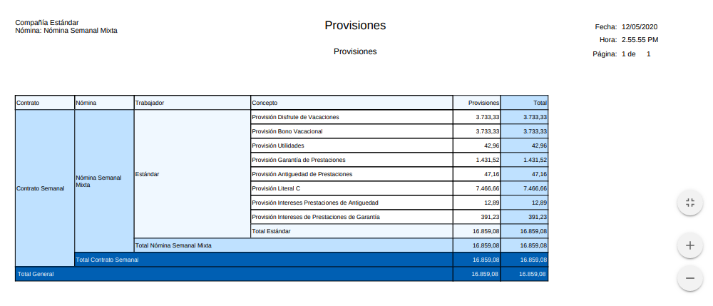 Provisiones Nómina Semanal Mixta