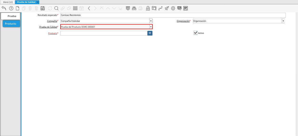 Campo Prueba de Calidad de la Pestaña Producto de la Ventana Prueba de Calidad