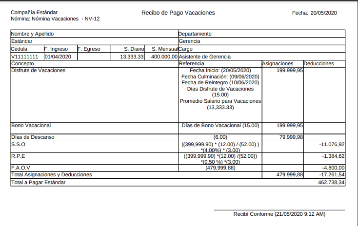 Recibo de Pago Nómina Vacaciones