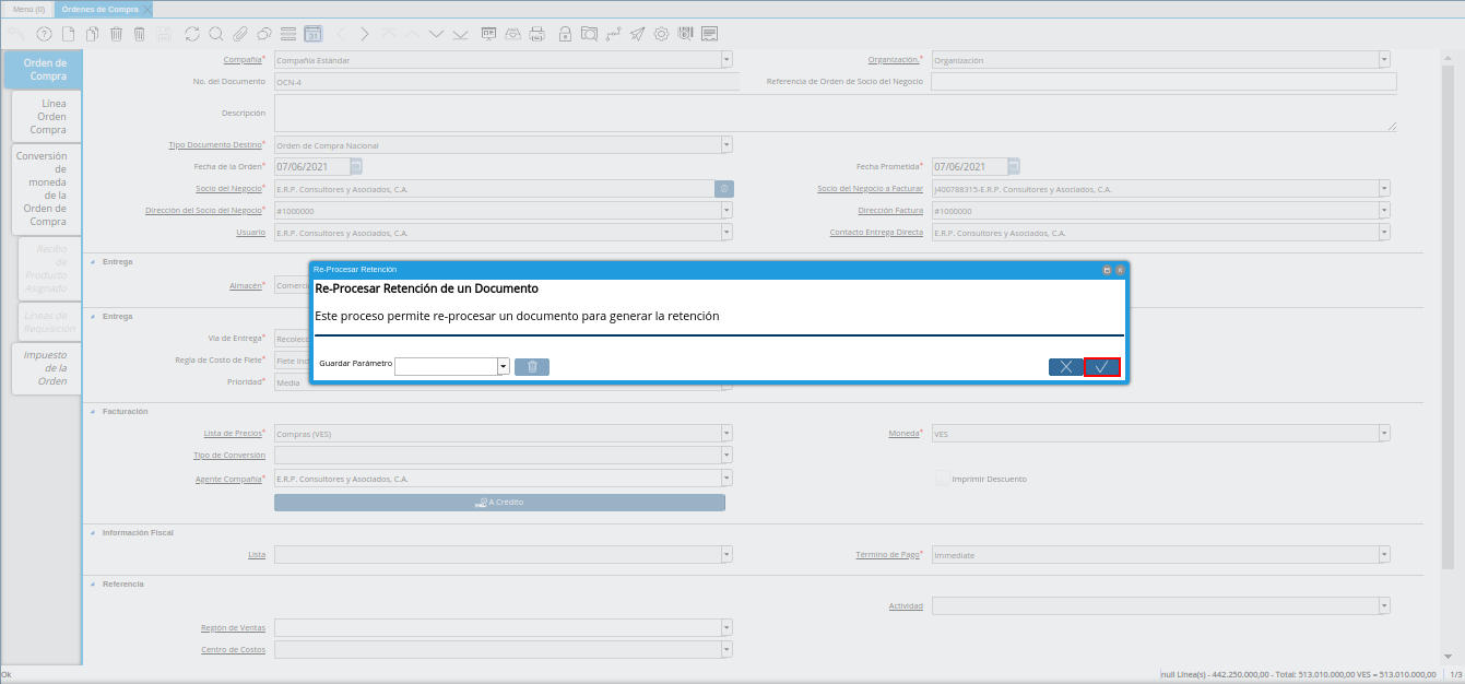 ventana reprocesar retención de la orden de compra