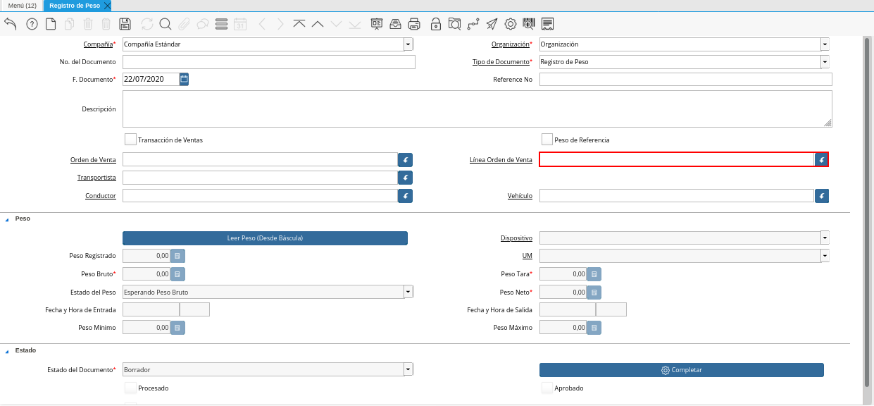 Campo Línea Orden de Venta de la Vantana Registro de Peso
