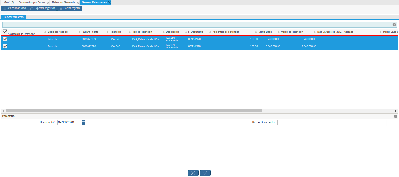 selección de registros para retención