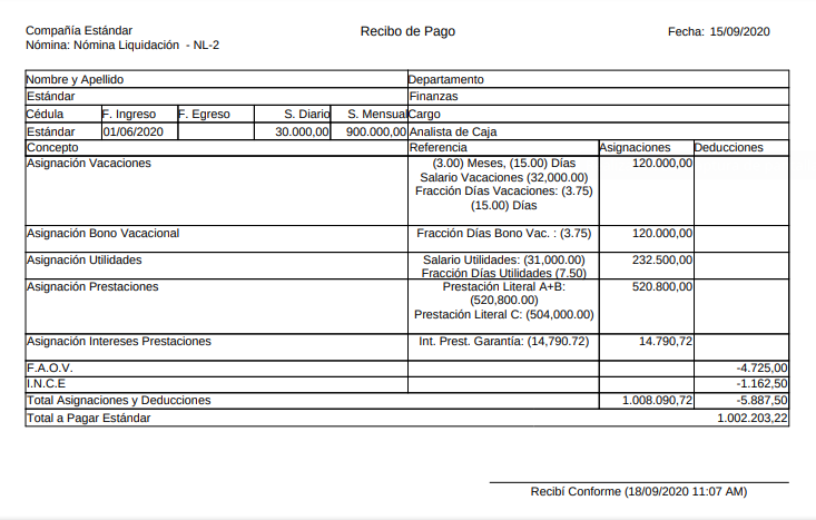 Recibo de Pago Nomina de Liquidacion