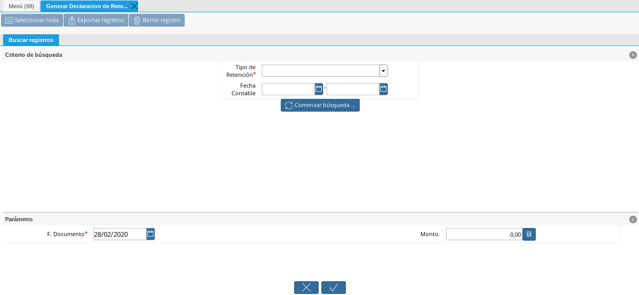 Ventana Generar Declaración de Retenciones