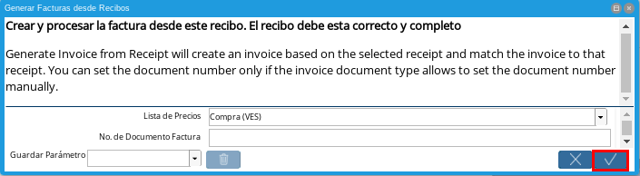 Ventana Generar Facturas desde Recibos y Seleccionar Opción OK
